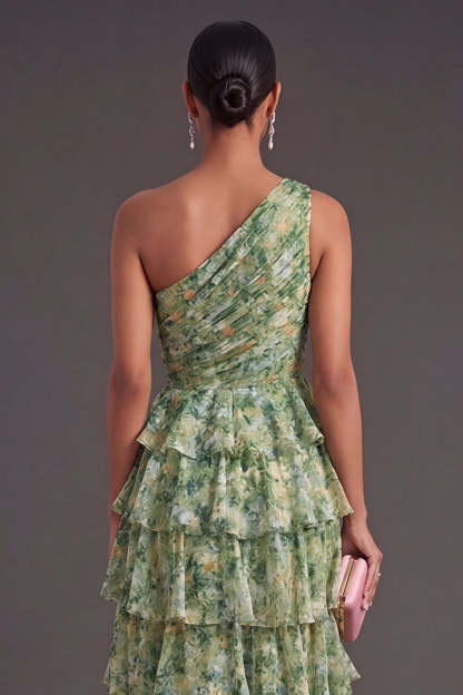 Dusty Green Tiered Floral A Line Ruffled Long Wedding Guest Dress