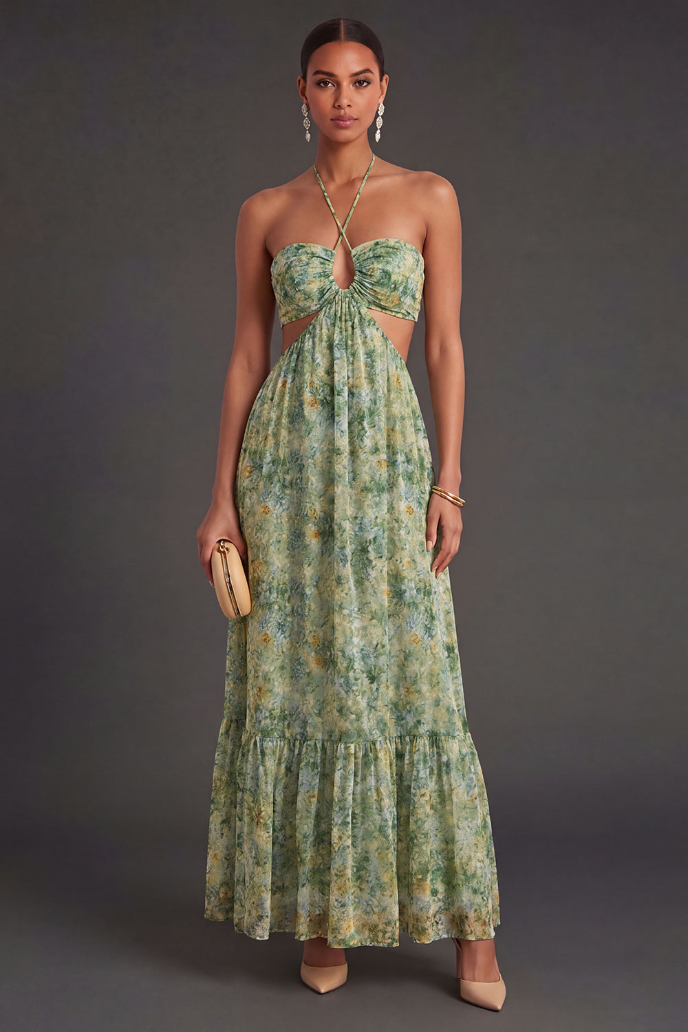 Leely Women A Line Dusty Green Floral Long Wedding Guest Dress Halter Neck Backless Garden Party Dress