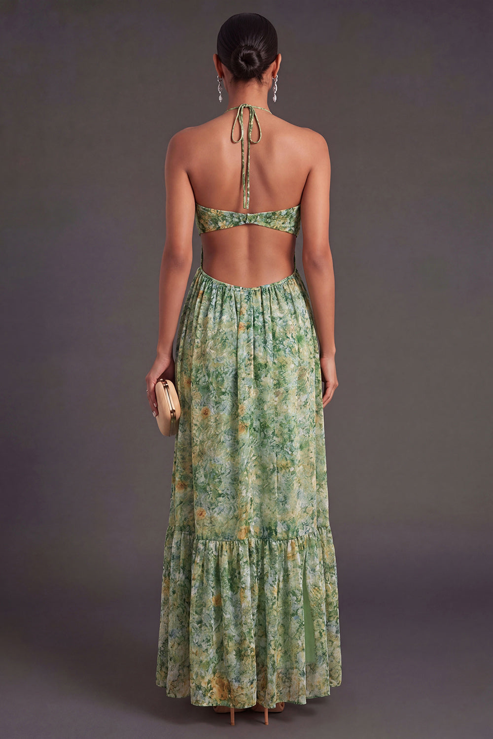 A Line Dusty Green Floral Long Wedding Guest Dress