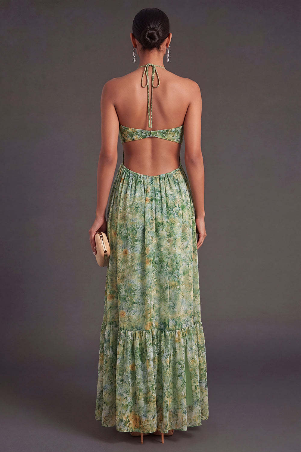 A Line Dusty Green Floral Long Wedding Guest Dress