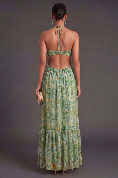 A Line Dusty Green Floral Long Wedding Guest Dress