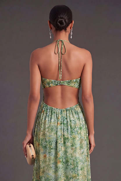 A Line Dusty Green Floral Long Wedding Guest Dress