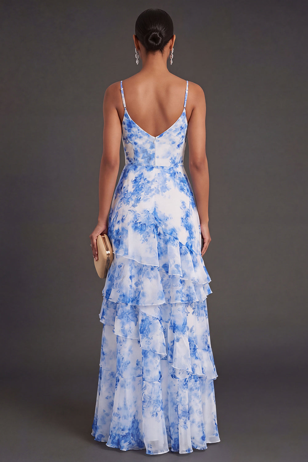 Spaghetti Straps  A Line White Blue Floral Long Wedding Guest Dress