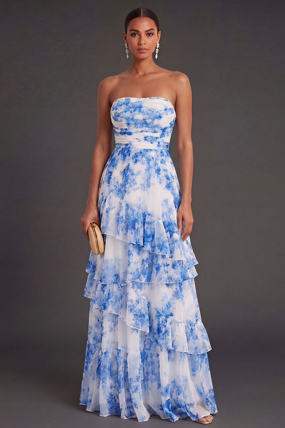 White Blue Floral A Line Ruffled Long Wedding Guest Dress