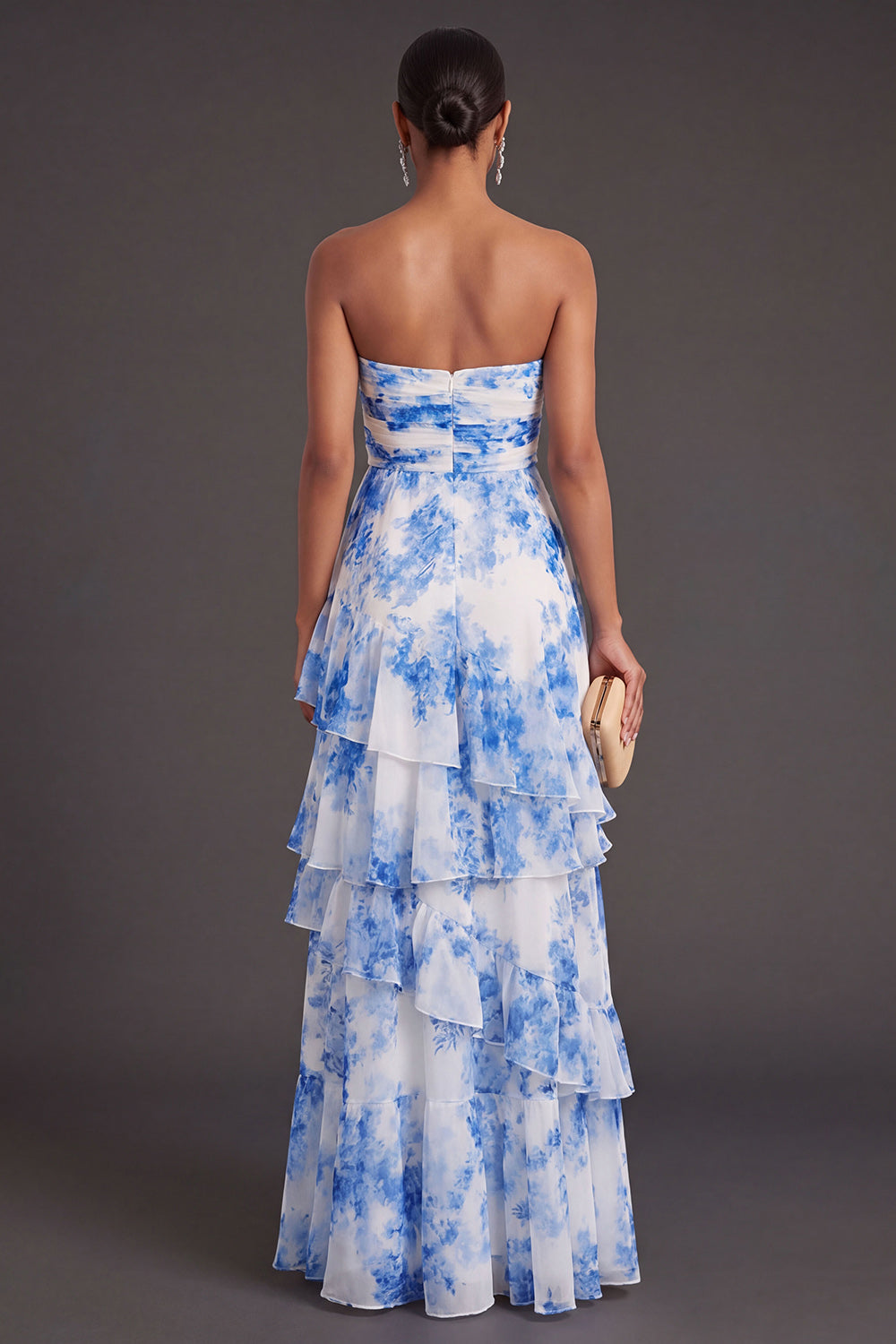 White Blue Floral A Line Ruffled Long Wedding Guest Dress