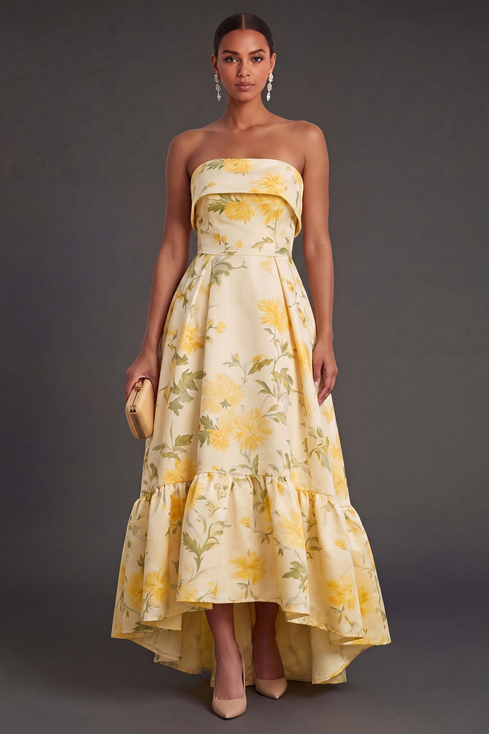 Leely Women Yellow Floral Strapless High Low Wedding Guest Dress Backless Sleeveless Garden Party Dress