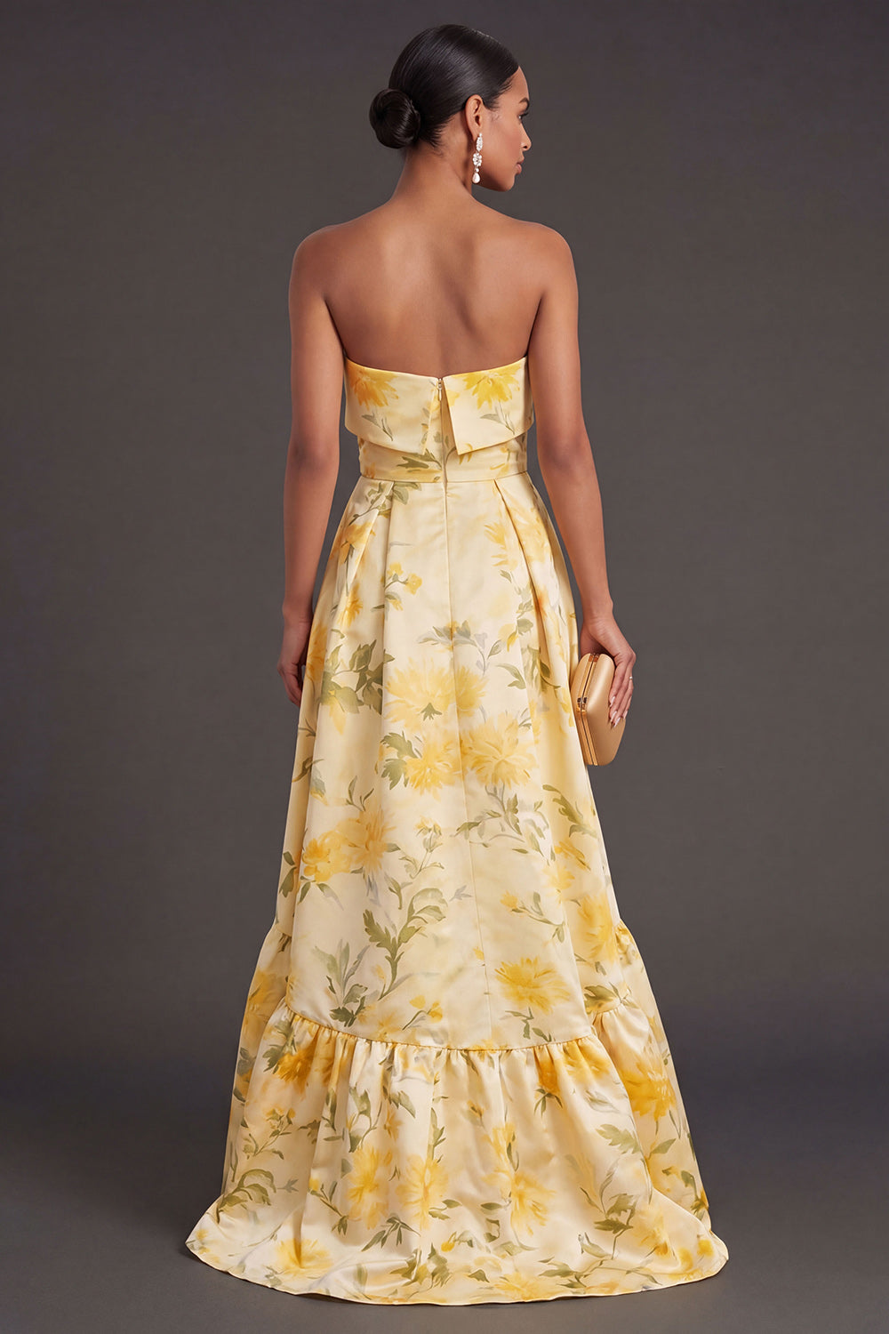 Yellow Floral Strapless High Low Wedding Guest Dress