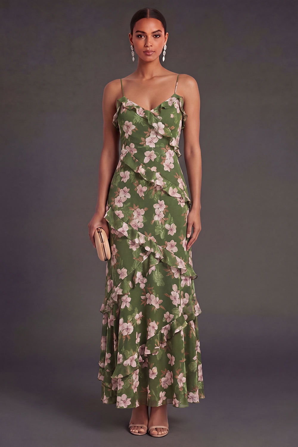 Spaghetti Straps Dusty Green Floral Long Wedding Guest Dress