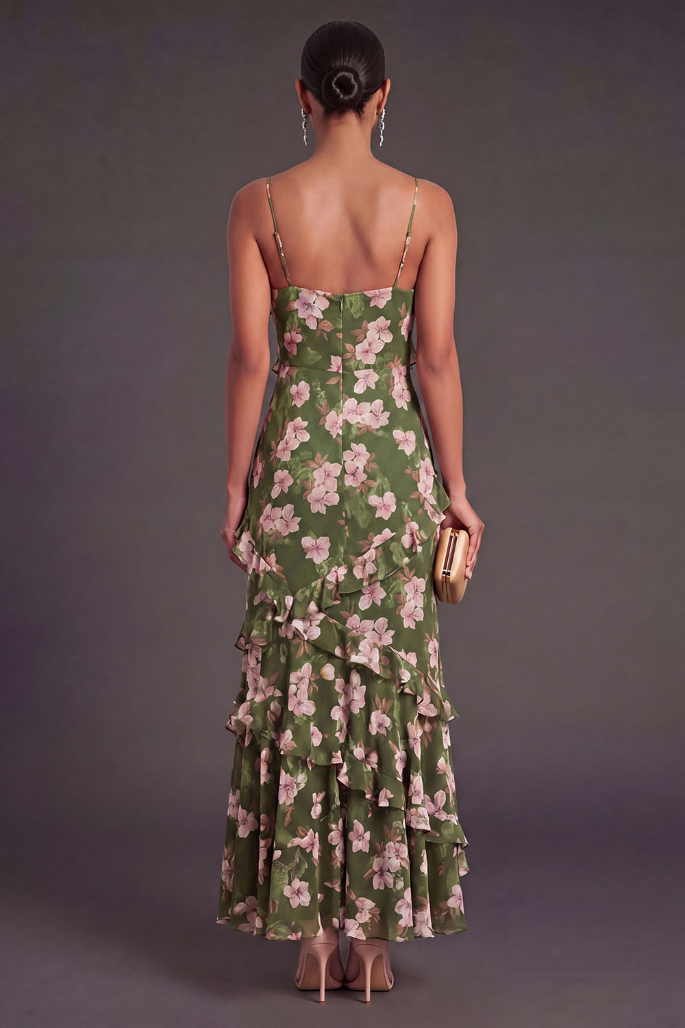 Spaghetti Straps Dusty Green Floral Long Wedding Guest Dress