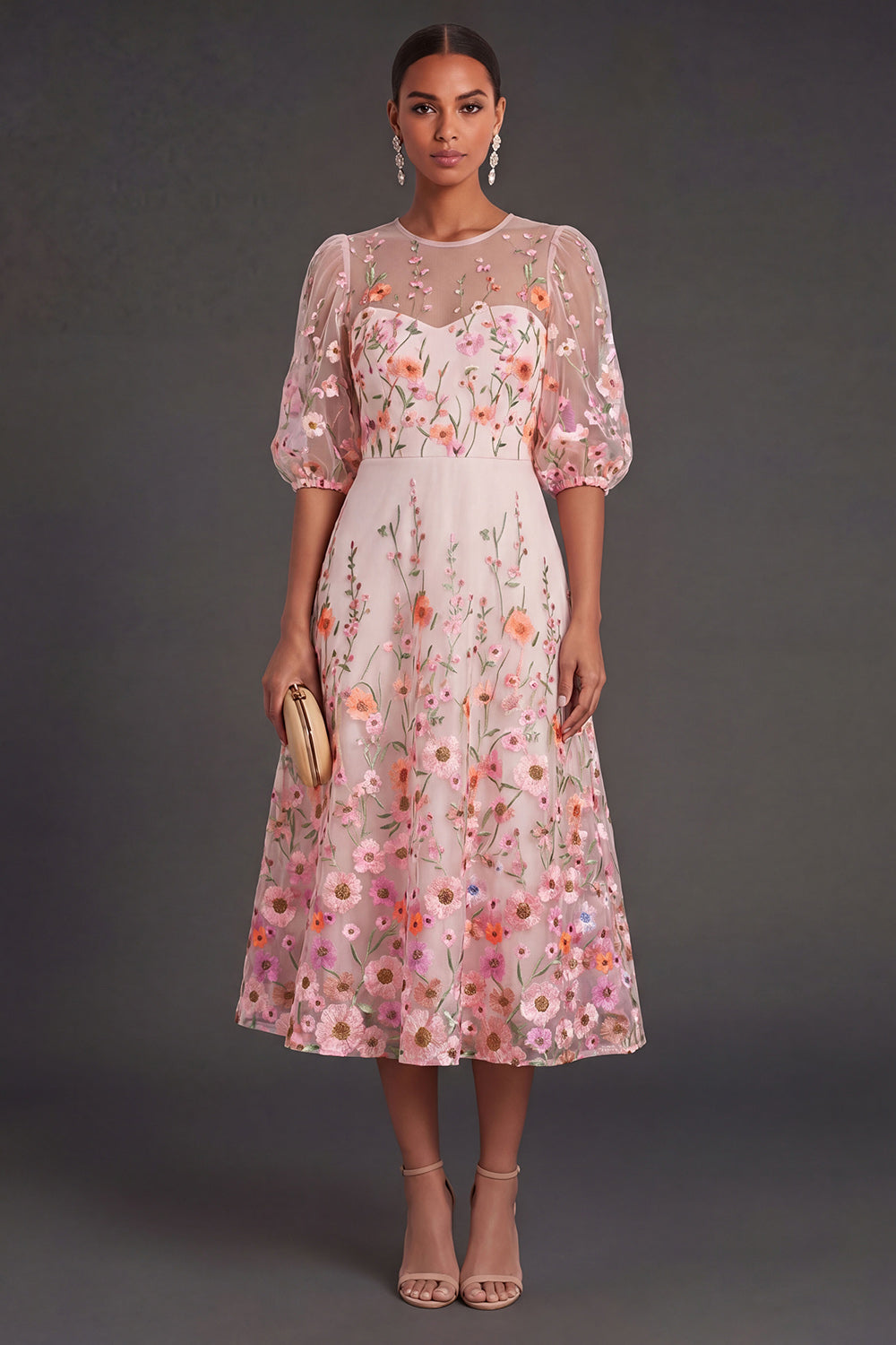 Pink Floral A Line Puff Sleeves Midi Wedding Guest Dress