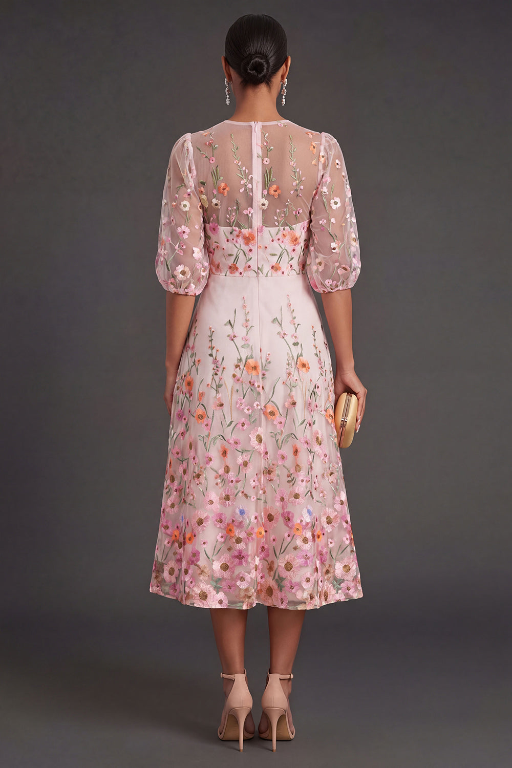 Pink Floral A Line Puff Sleeves Midi Wedding Guest Dress