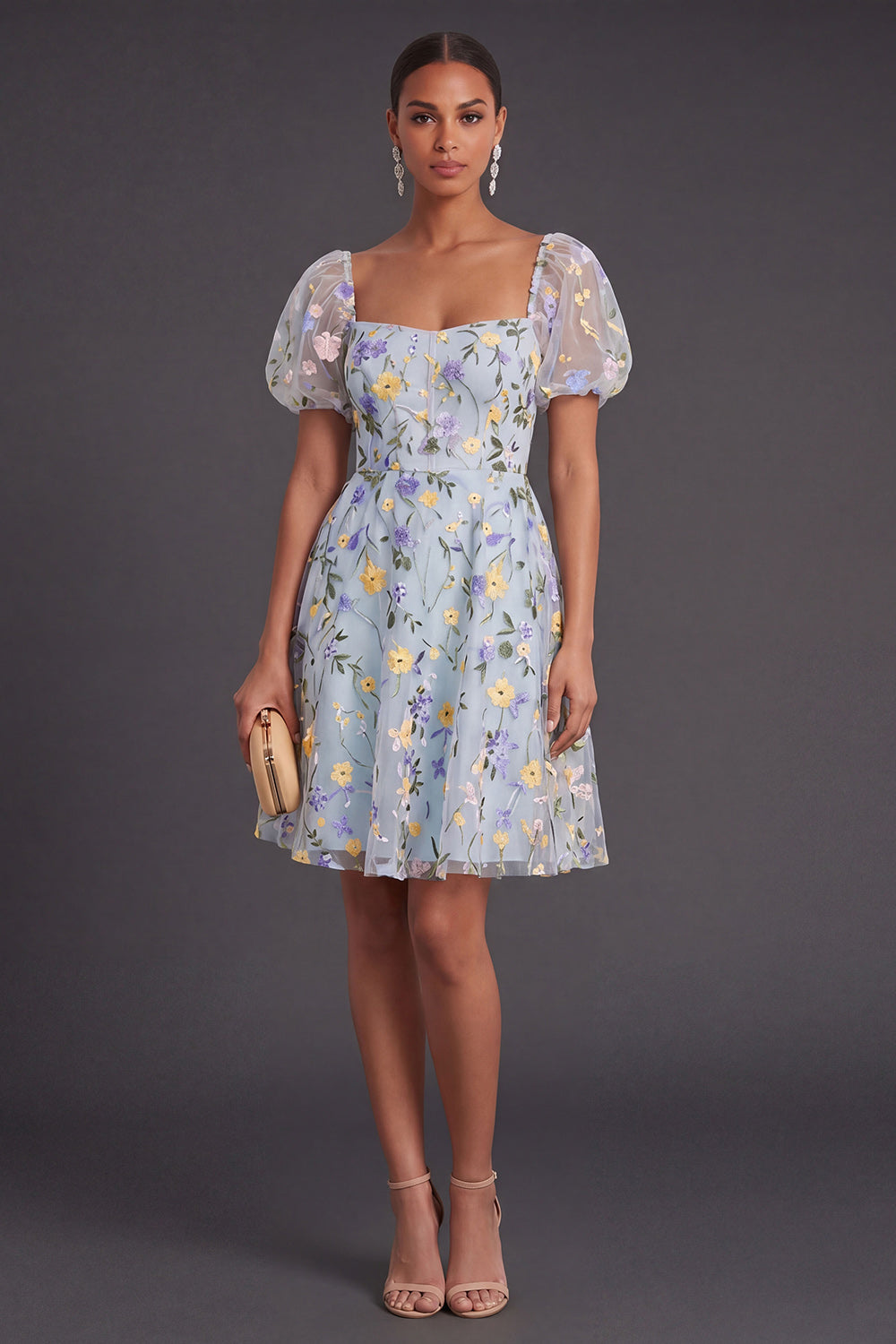 Blue Floral A Line Puff Sleeves Short Summer Wedding Guest Dress