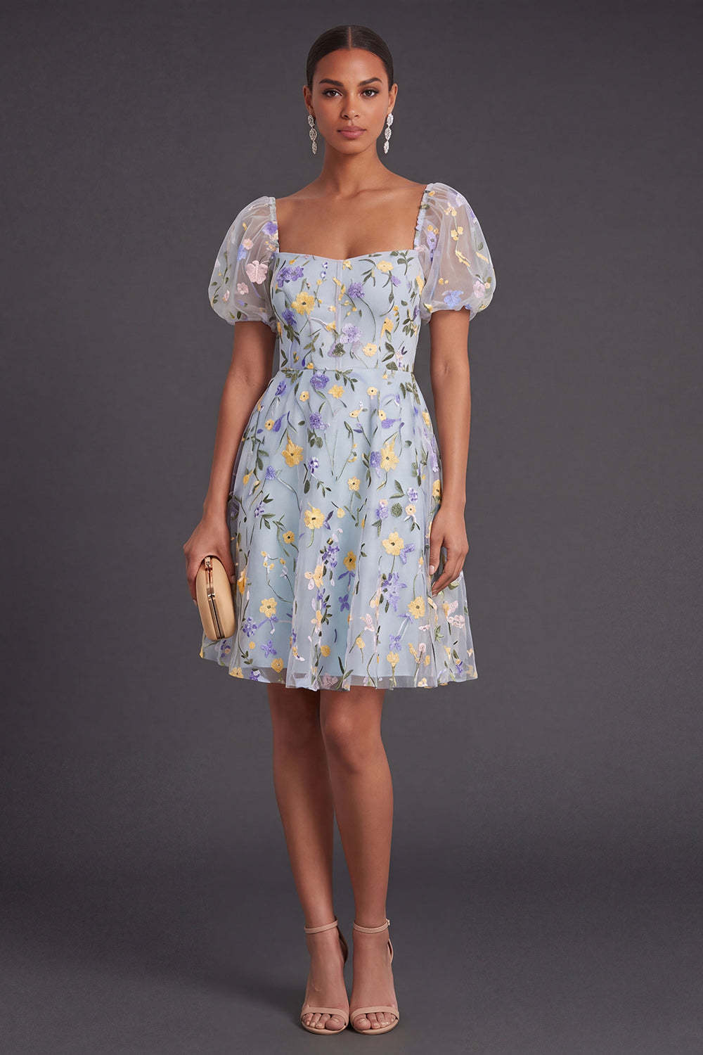 Leely Women Blue Floral A Line Short Summer Wedding Guest Dress Square Neck Puff Sleeves Garden Party Dress