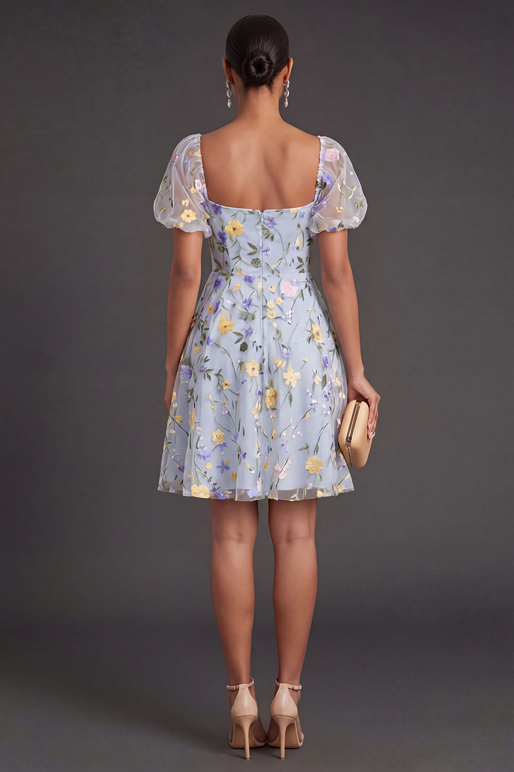 Blue Floral A Line Puff Sleeves Short Summer Wedding Guest Dress