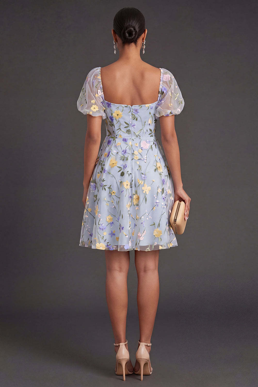 Blue Floral A Line Puff Sleeves Short Summer Wedding Guest Dress