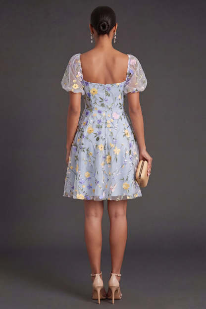 Blue Floral A Line Puff Sleeves Short Summer Wedding Guest Dress