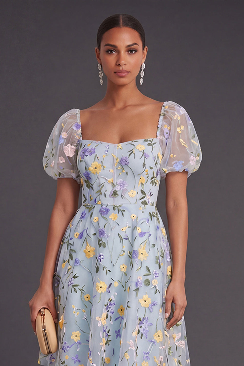 Blue Floral A Line Puff Sleeves Short Summer Wedding Guest Dress