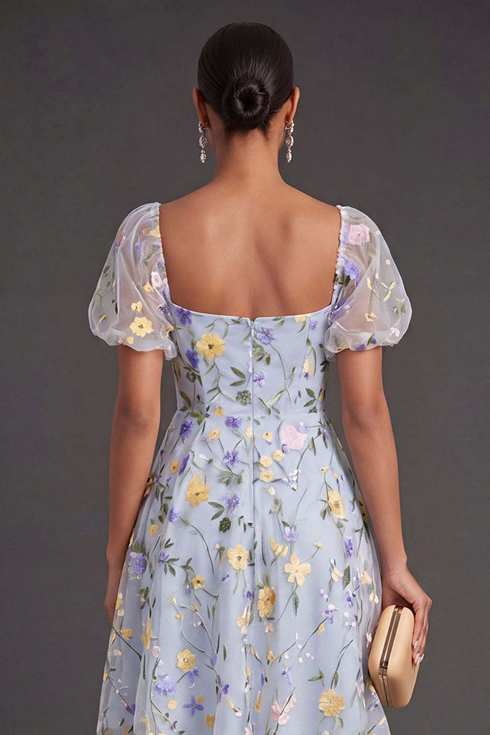 Blue Floral A Line Puff Sleeves Short Summer Wedding Guest Dress