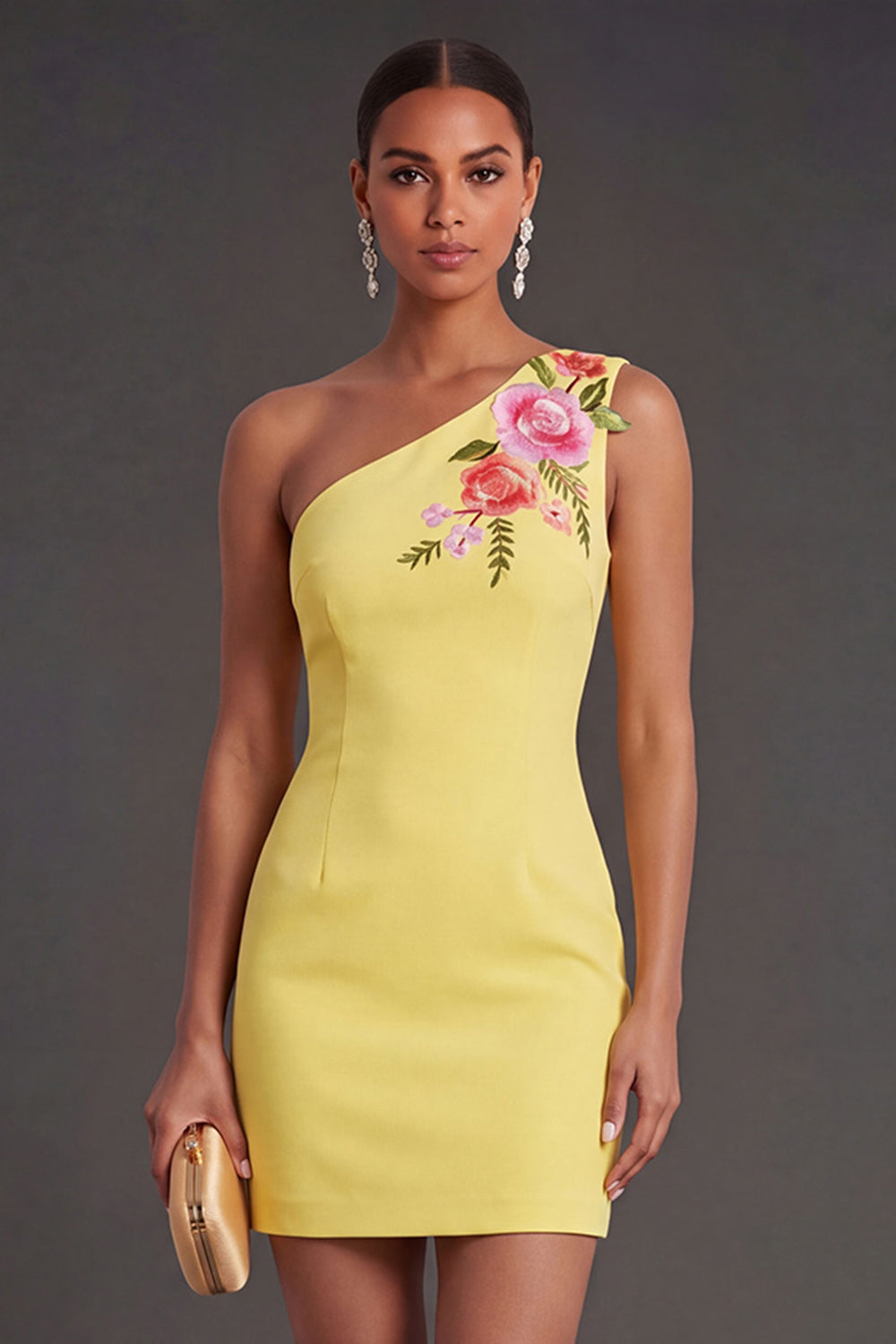 Yellow Floral Bodycon One Shoulder Short Wedding Guest Dress