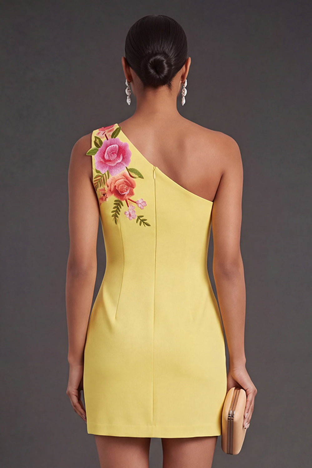 Yellow Floral Bodycon One Shoulder Short Wedding Guest Dress