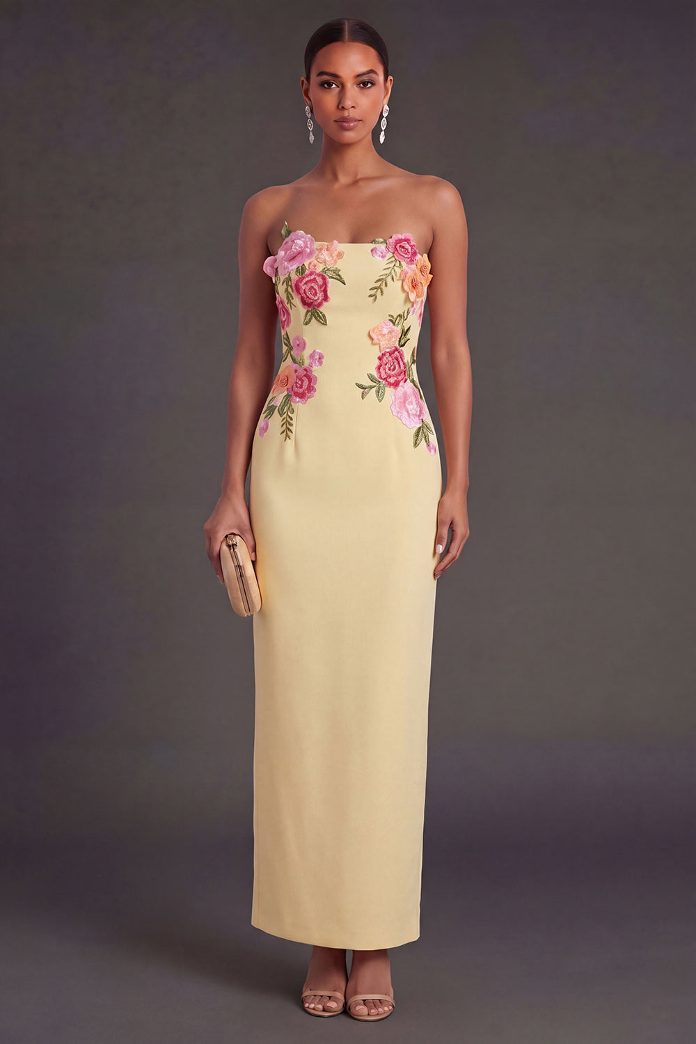Leely Women Light Yellow Floral Sheath Long Summer Wedding Guest Dress Strapless Garden Party Dress