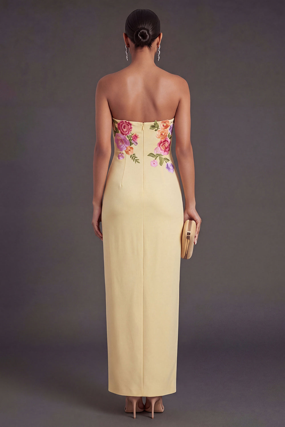 Light Yellow Floral Sheath Strapless Long Wedding Guest Dress