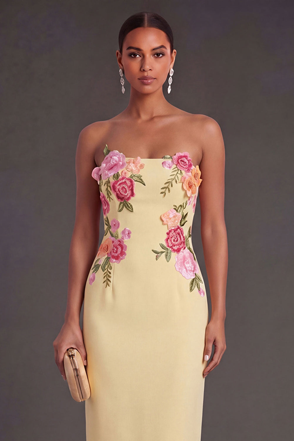 Light Yellow Floral Sheath Strapless Long Wedding Guest Dress