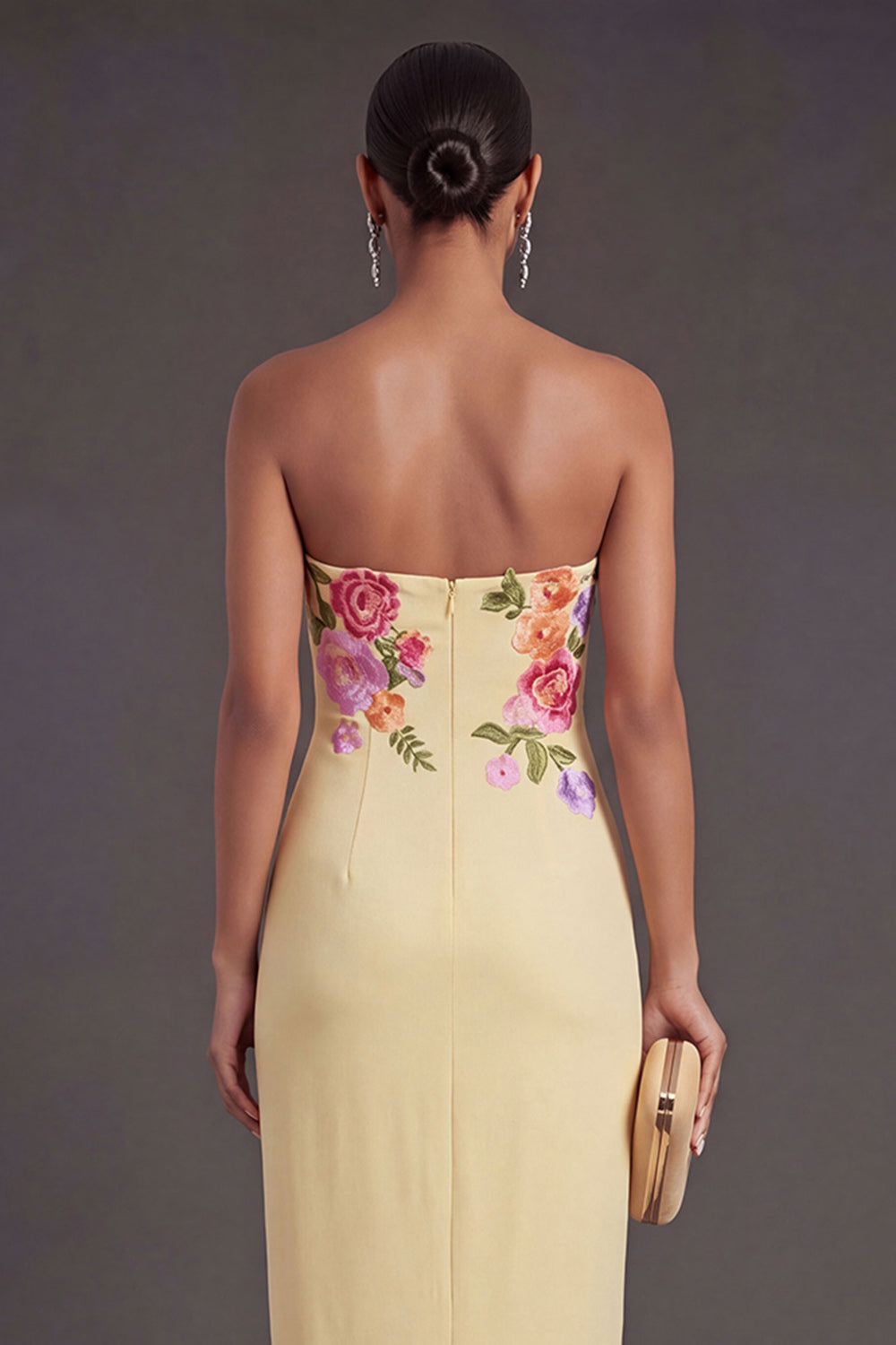 Light Yellow Floral Sheath Strapless Long Wedding Guest Dress