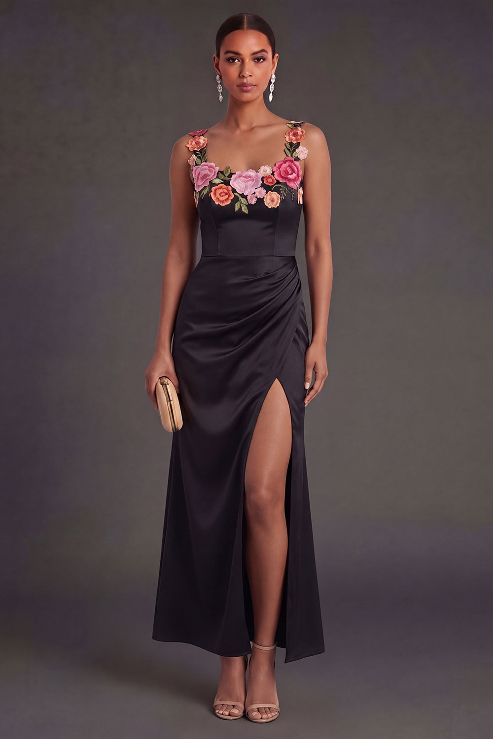 Black Thick Straps Floral Ruched Long Wedding Guest Dress with Slit