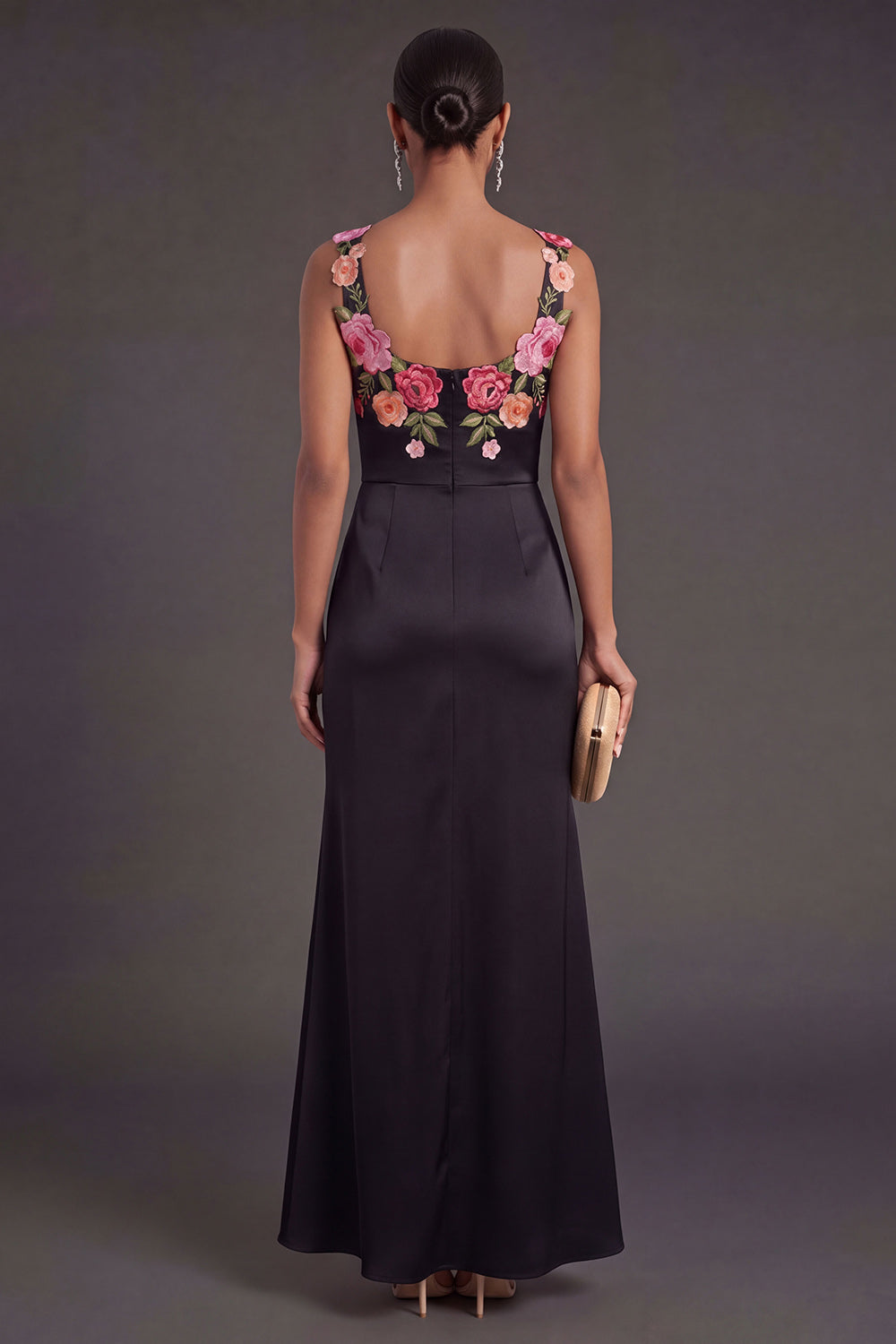 Black Thick Straps Floral Ruched Long Wedding Guest Dress with Slit