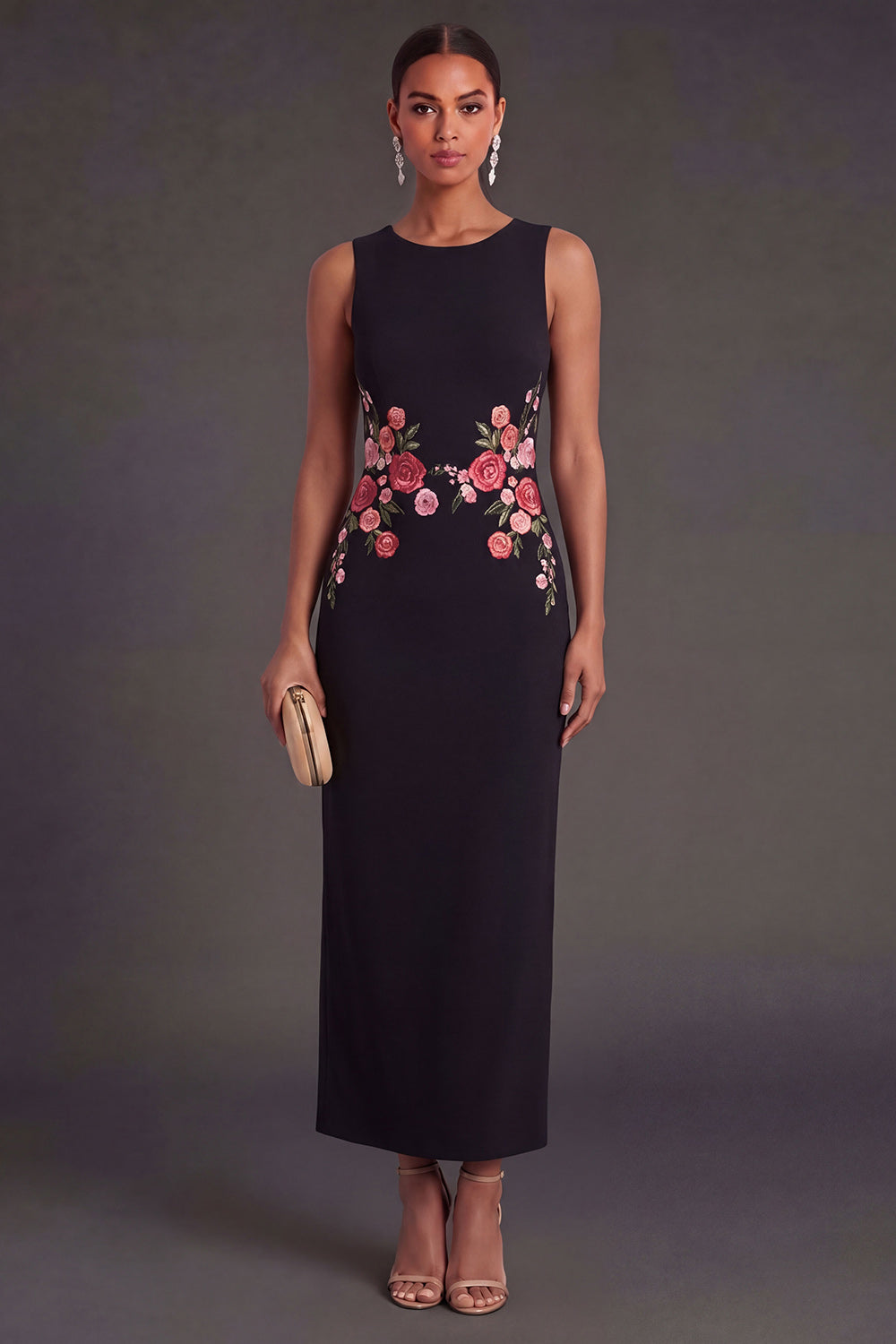 Sheath Black Floral Round Neck Long Wedding Guest Dress