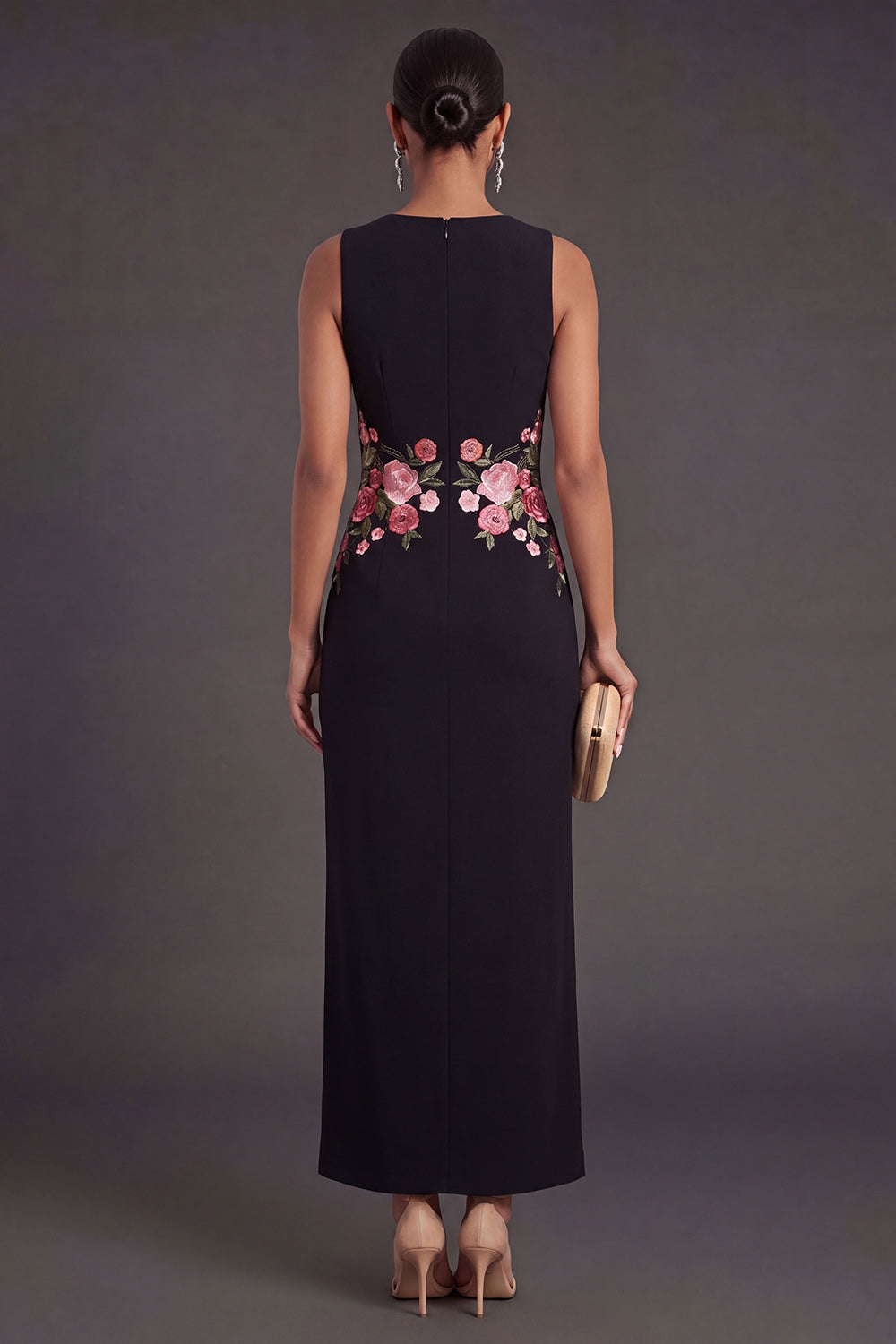 Sheath Black Floral Round Neck Long Wedding Guest Dress