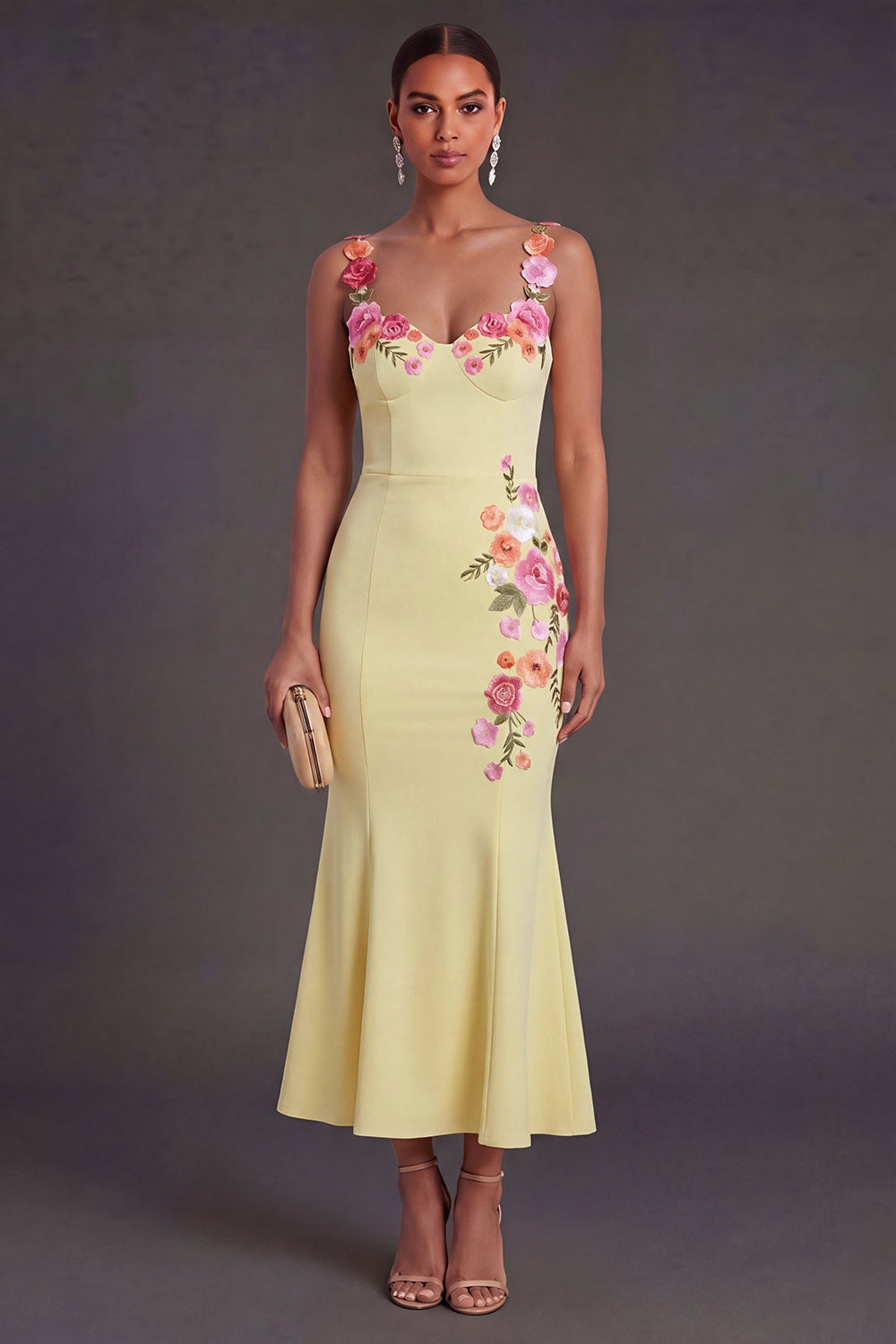 Leely Women Floral Light Yellow Mermaid Long Wedding Guest Dress Mermaid Garden Party Dress