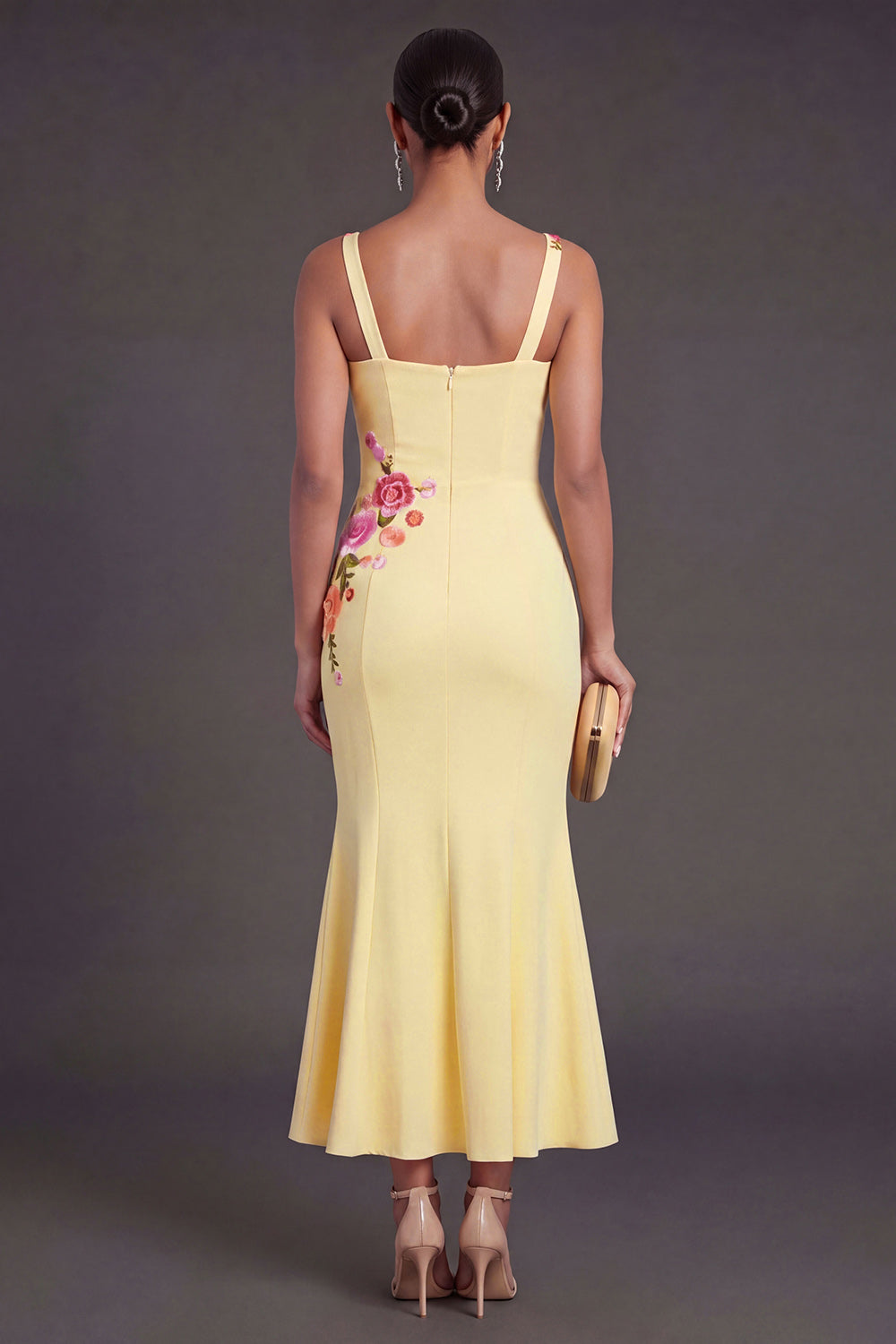 Floral Light Yellow Mermaid Thick Straps Long Wedding Guest Dress