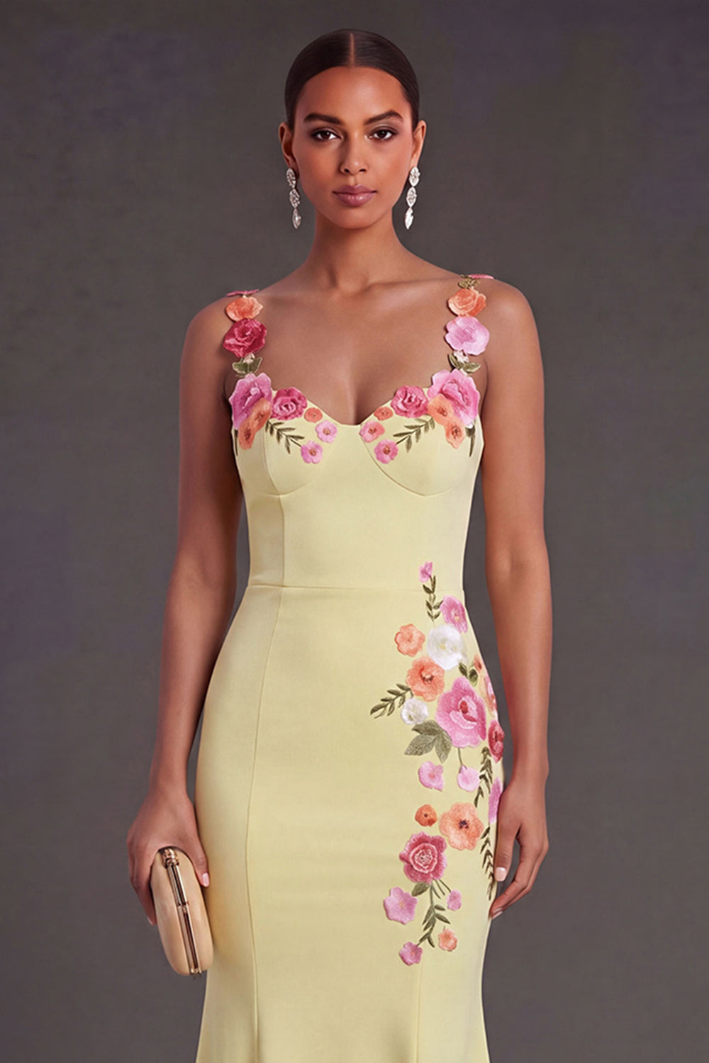 Floral Light Yellow Mermaid Thick Straps Long Wedding Guest Dress