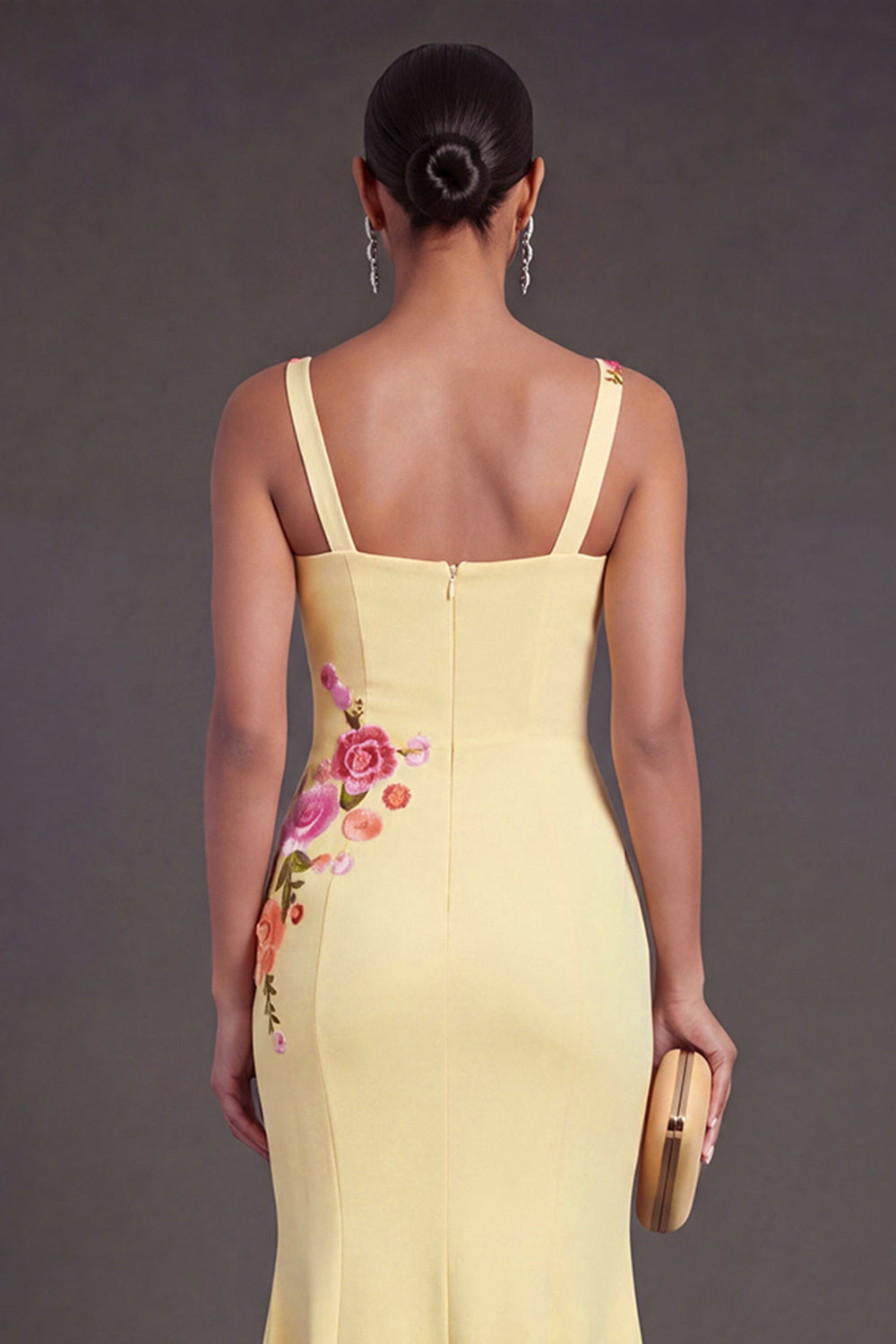Floral Light Yellow Mermaid Thick Straps Long Wedding Guest Dress
