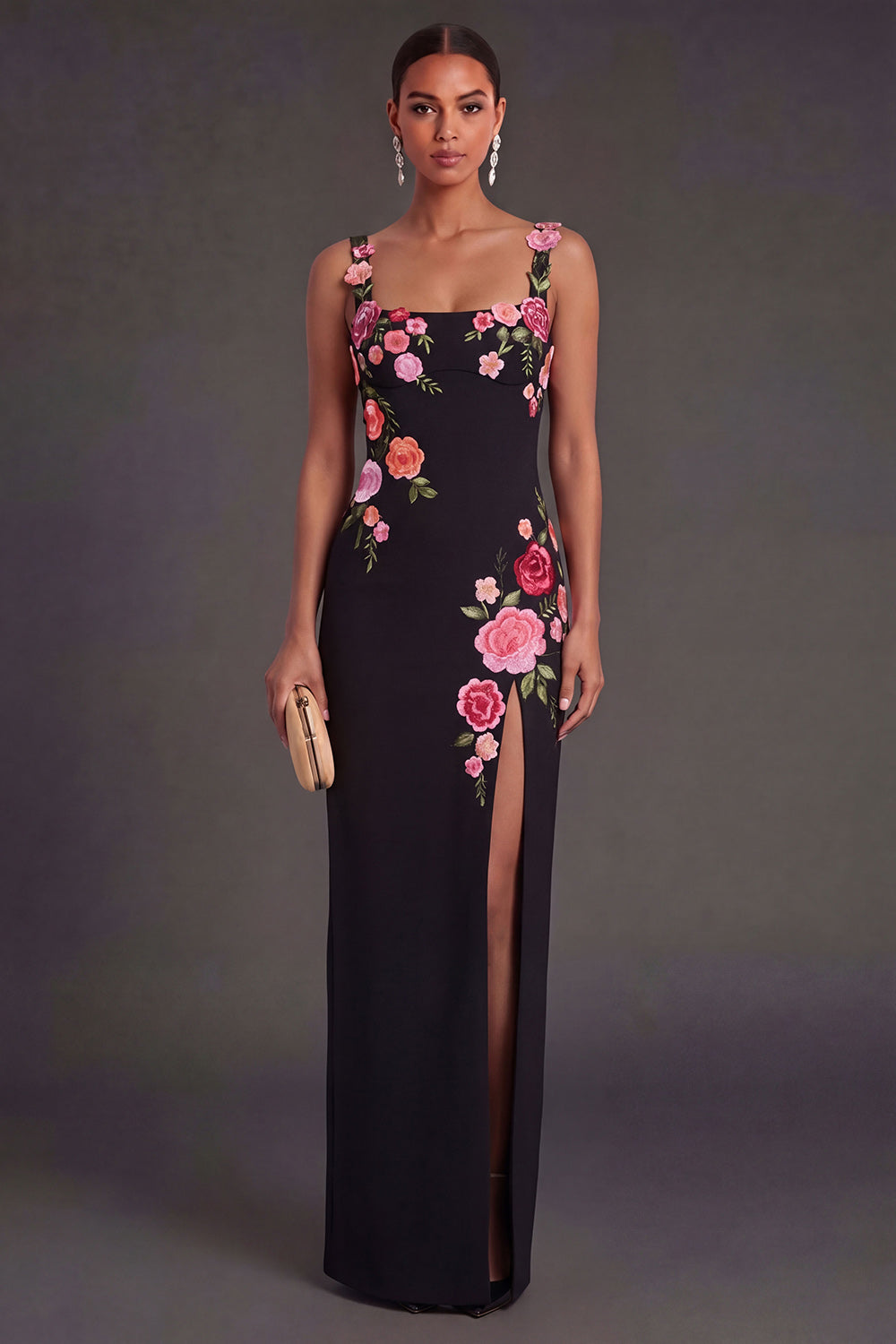 Black Floral Sheath Thick Straps Long Wedding Guest Dress with Slit