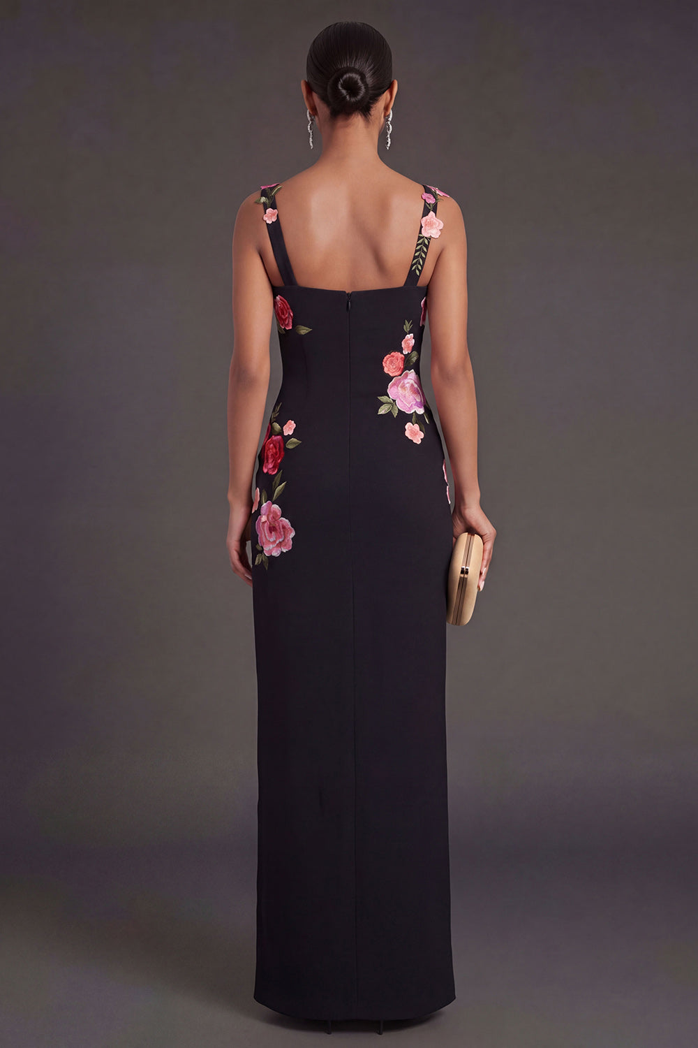 Black Floral Sheath Thick Straps Long Wedding Guest Dress with Slit