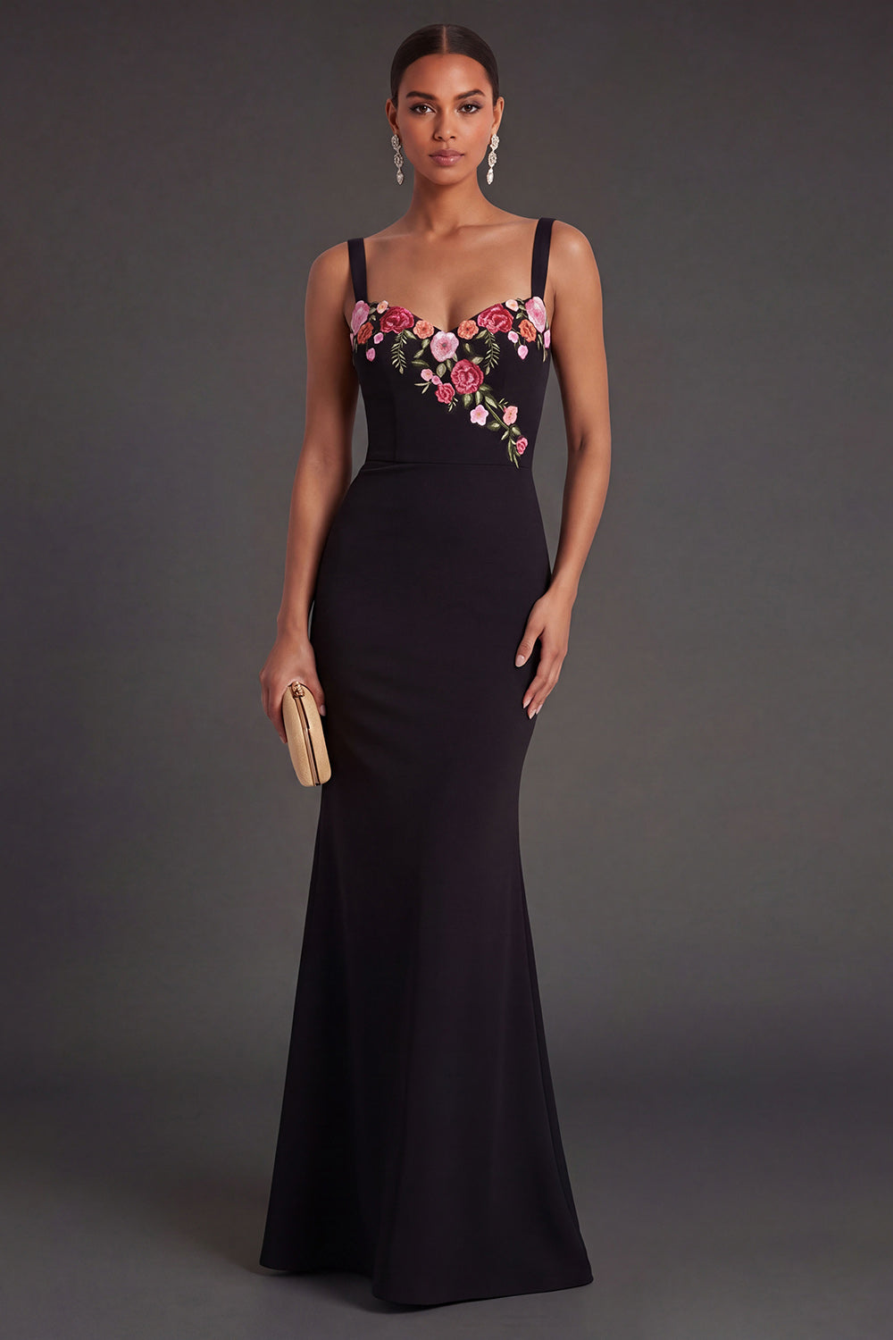 Mermaid Black Floral Thick Straps Long Wedding Guest Dress
