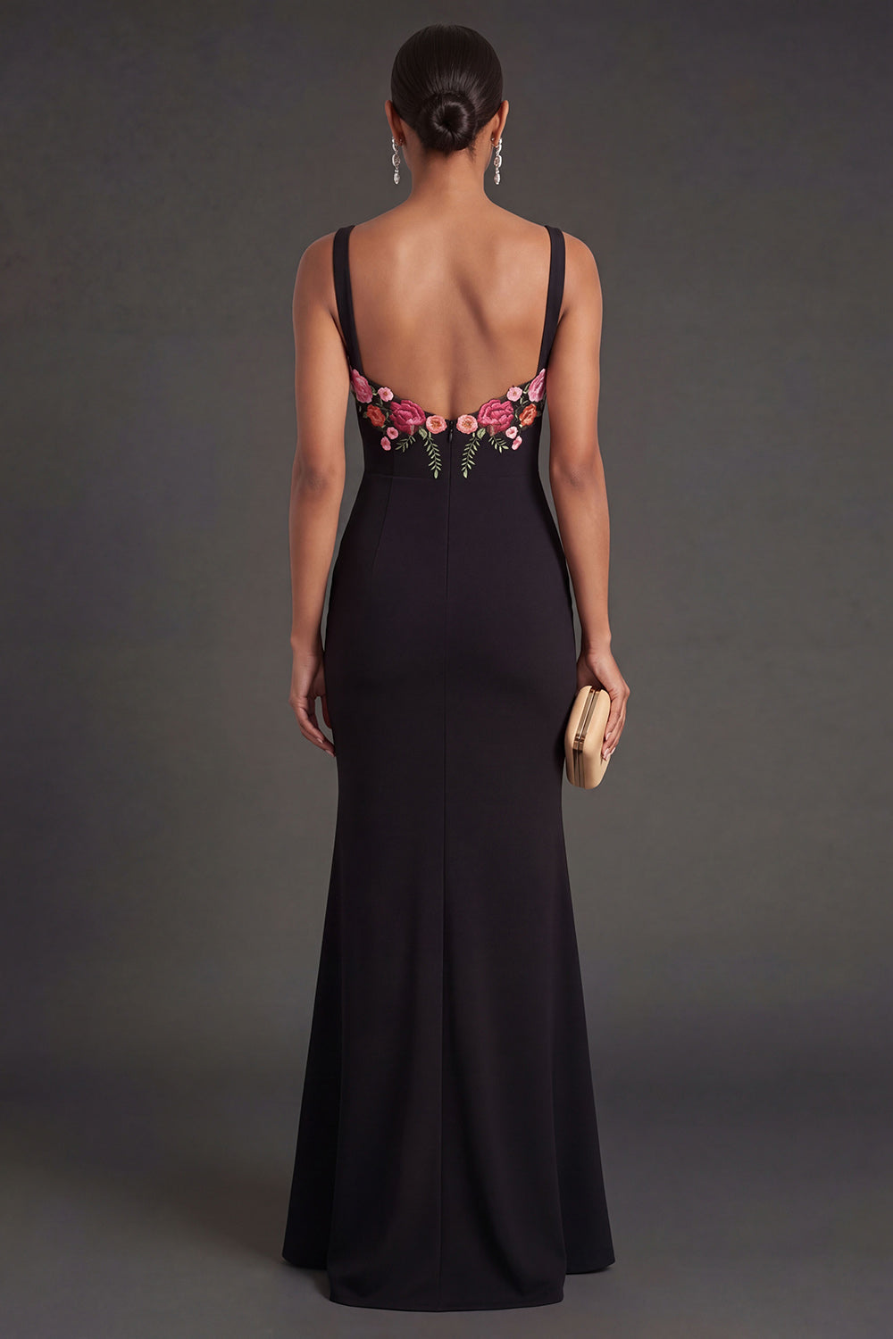 Mermaid Black Floral Thick Straps Long Wedding Guest Dress