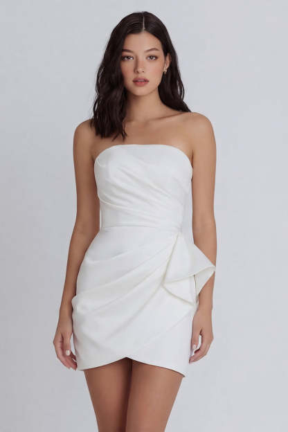 Leely Women Ivory Bodycon Ruched Strapless Little White Dress Backless Sleeveless Bridal Shower Dress
