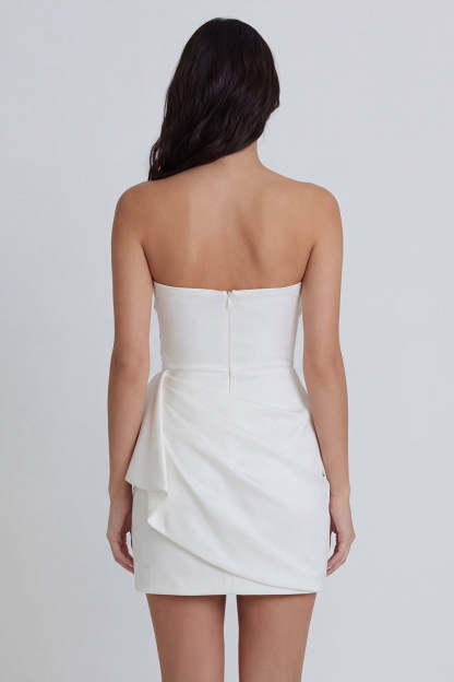 Ivory Bodycon Ruched Strapless Little White Dress
