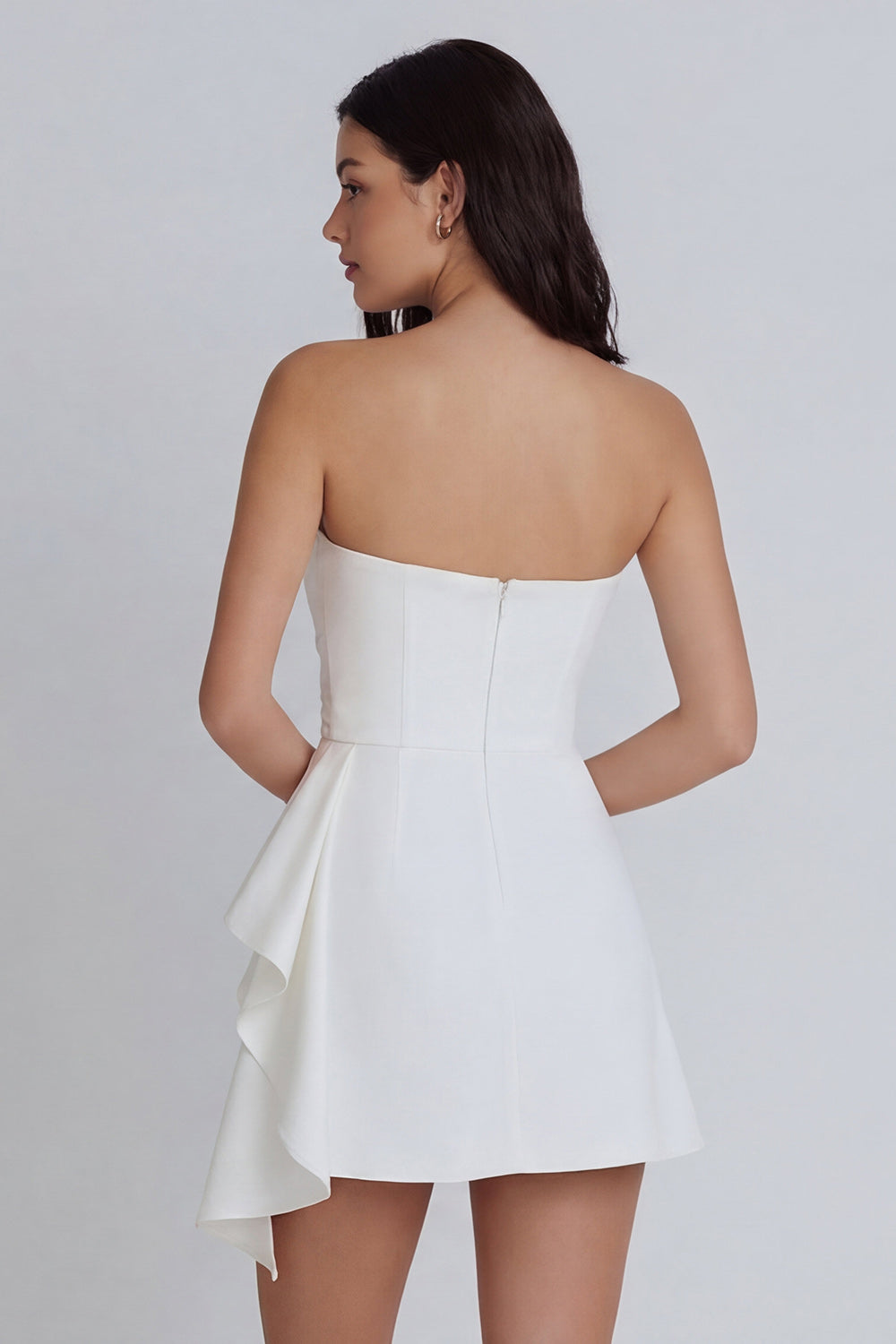 Ivory Bodycon Ruched Strapless Little White Dress with Bow
