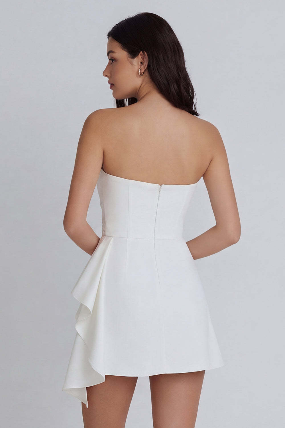 Ivory Bodycon Ruched Strapless Little White Dress with Bow