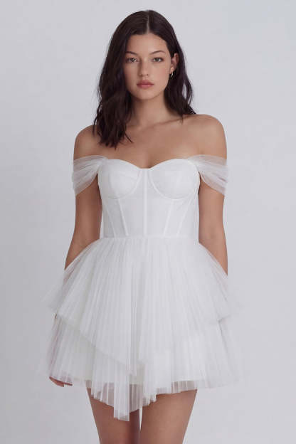 Leely Women Corset Off the Shoulder Ivory A Line Short Little White Dress Backless Sleeveless Bridal Shower Dress