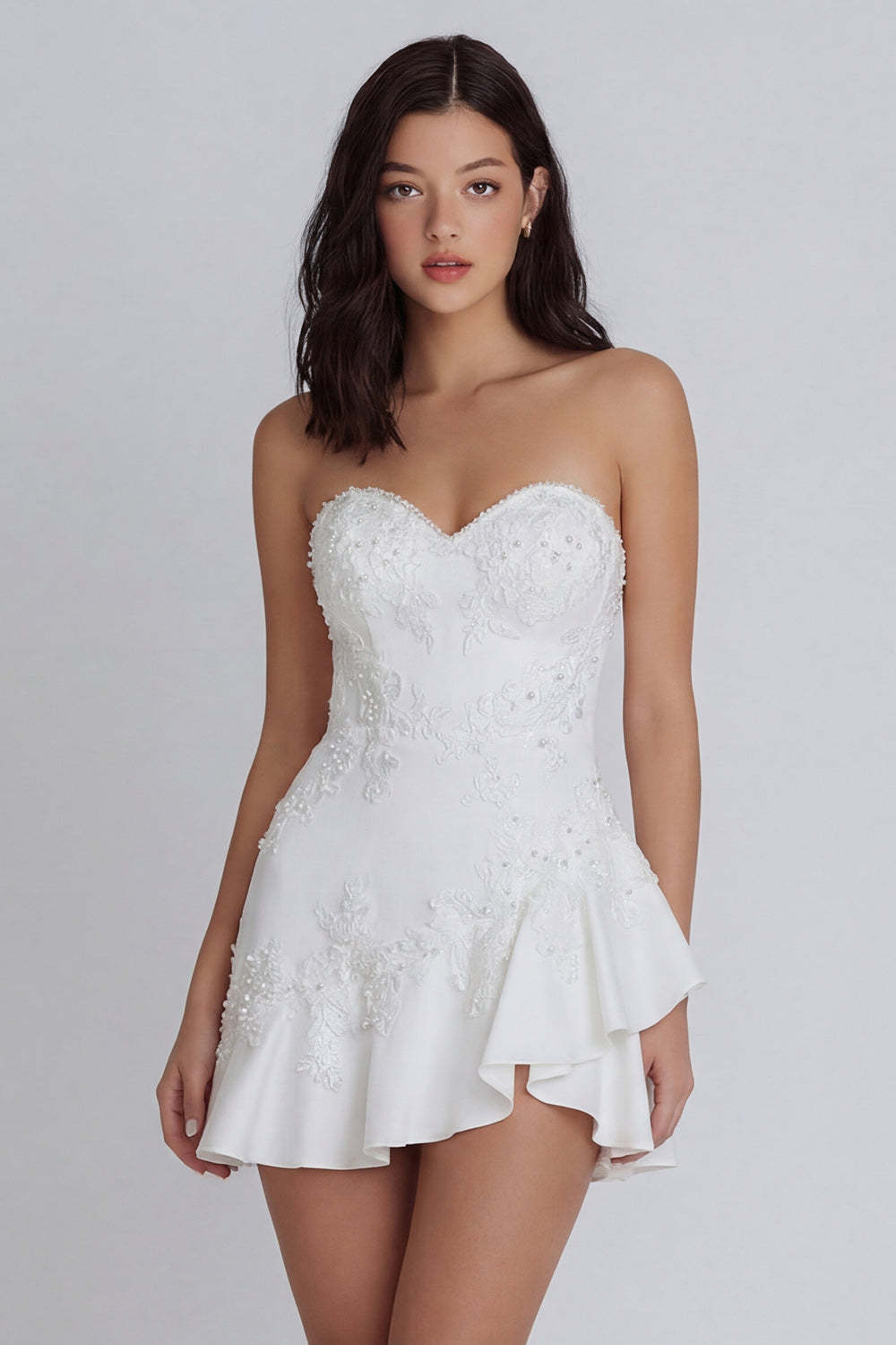 Leely Women Sweetheart Floral A Line Short Little White Dress Appliqued Ruffled Backless Hen Do Dress