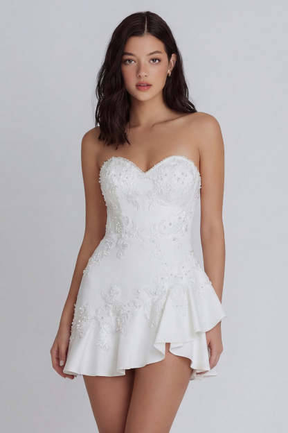 Leely Women Sweetheart Floral A Line Short Little White Dress Appliqued Ruffled Backless Hen Do Dress