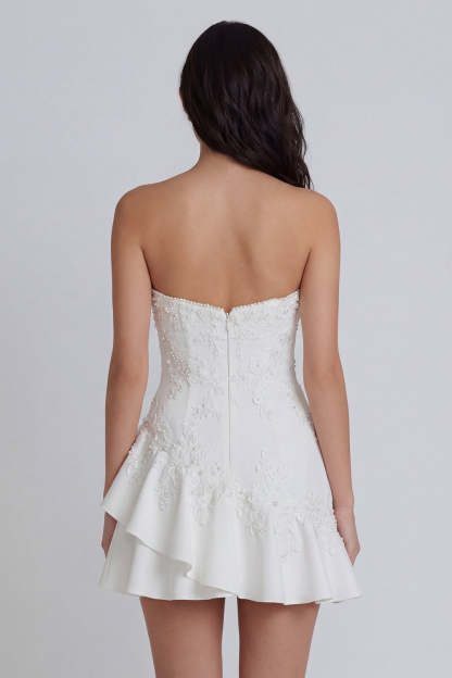 Sweetheart Floral A Line Appliqued Ruffled Short Little White Dress