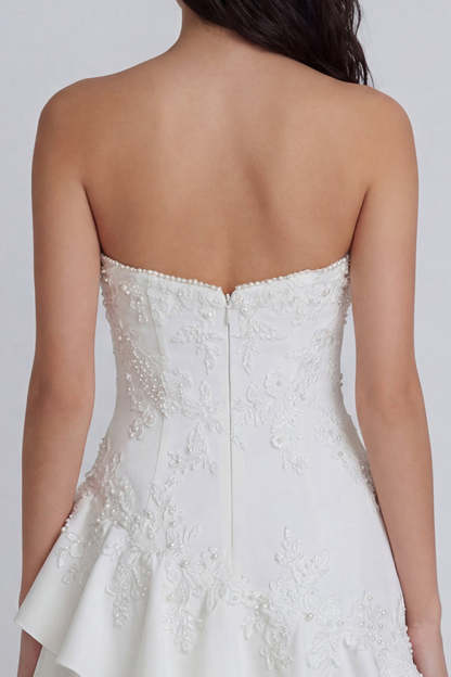 Sweetheart Floral A Line Appliqued Ruffled Short Little White Dress