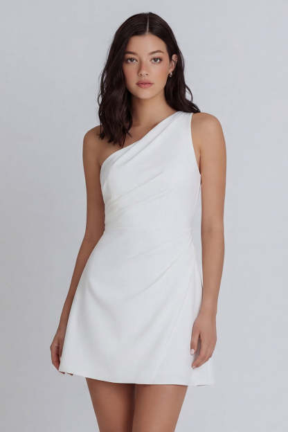 Leely Women A Line One Shoulder Ruched Ivory Short Little White Dress Backless Sleeveless Hen Do Dress